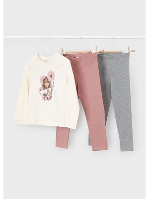 Mayoral 4-10 Yaş Kız Çocuk Bej Renk Çiçek ve Kız Baskılı Pamuklu Sweat, Pembe ve Gri Taytlı 3’lü Takım