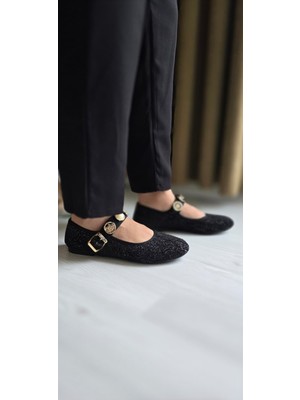 Melinta Shoes Kadın Siyah Günlük Babet Kemerli Ayarlanabilir Tokalı Tüvit Kumaş Hafif Rahat Ayakkabı
