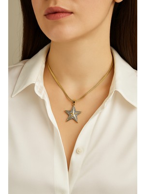 Pirlento Italyan Ezme Zincir Zirkon Taşlı Yıldız Figürlü Çelik Kadın Kolye