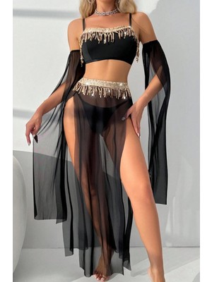 LA VIOR STYLE La Vıor Siyah Pul Aksesuarlı Tül Etekli Kadın Seksi Gecelik