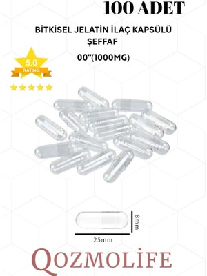 büyük boy şeffaf bitkisel jelatin boş  kapsülü helal sertifikalı 00"1000mg (100 adet)