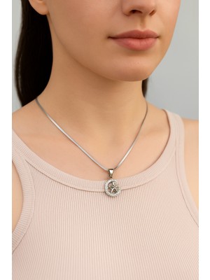 Pirlento Hilal Figürlü Zirkon Taşlı Kuzey Yıldız Italyan Ezme Zincir Gümüş Kadın Çelik Kolye