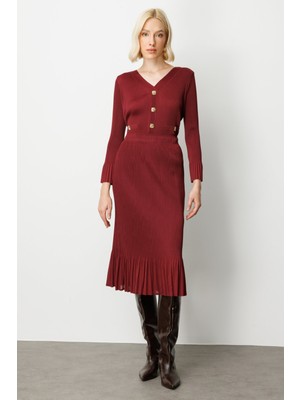 Ekol Kadın Etek Ucu Piliseli Midi Etek 3915 Bordo