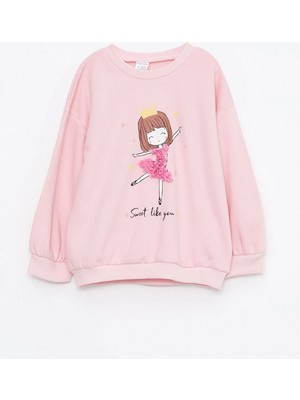 LC Waikiki LCW baby Pembe Bisiklet Yaka Uzun Kollu Baskılı Kız Bebek Sweatshirt
