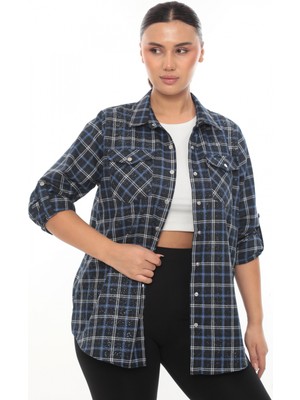 Lady Majestic Büyük Beden Ekose Desenli Simli Rahat Kalıp Kadın Gömlek