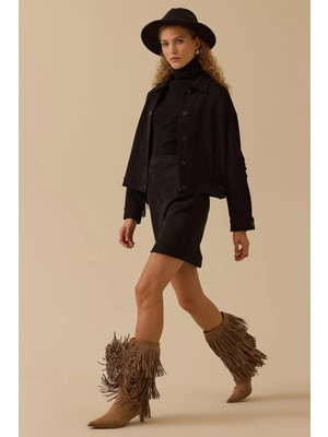 Seçil Kadın Püskül Detaylı Kısa Süet Ceket 0014 Siyah