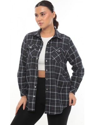 Lady Majestic Büyük Beden Ekose Desenli Simli Rahat Kalıp Kadın Gömlek