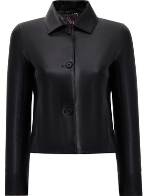 Derimod Beatrix Kadın Siyah Gömlek Yaka Deri Ceket 25WGE56131M