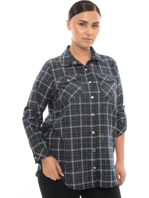 Lady Majestic Büyük Beden Ekose Desenli Simli Rahat Kalıp Kadın Gömlek