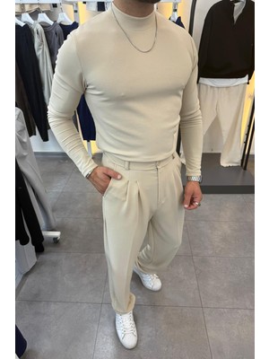 Akçaylar Yarım Balıkçı Pamuk Örme Likralı Esnek Rahat Kumaş Pileli Pantolonlu Takım