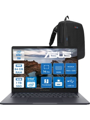 Asus Expertbook B5 B5405CCA-U716512B1D Intel® Core™ Ultra 7 255H Aı 64GB Ddr5 1tb SSD Intel® Arc™ Graphics 14"inç Wuxga (1920X1200) IPS 300NITS Freedos Taşınabilir Bilgisayar B5405CCAF18+ZETTAÇANTA