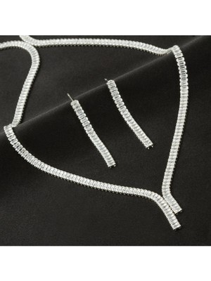 Zero Sepetim Tamtur Baget Taşlı Lüks Set Kolye 4 Mm-Gümüş Rengi