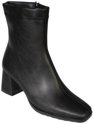 Yaz Kış Ayakkabı Yazkış Kadın Siyah Cilt 16CM Bilek Boyu Yandan Fermuarlı 6cm Kalın Topuk Kut Burun Topuklu Bot