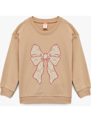 Koton Pamuklu Uzun Kollu Fiyonk Baskılı Bisiklet Yaka Sweatshirt