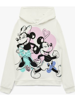 Koton Lisanslı Mickey ve Minnie Mouse Baskılı Oversize Kapşonlu Sweatshirt