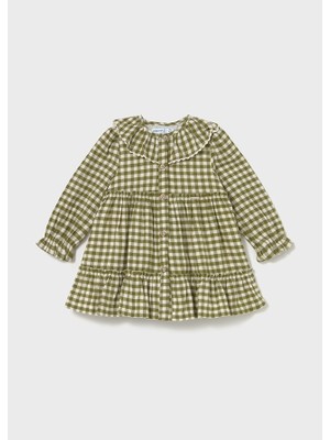Mayoral 1-4 Yaş Kız Bebek Yeşil Ekose Desenli Uzun Kollu Düğmeli Elbise