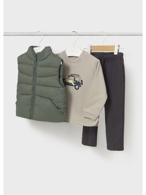 Mayoral 1-4 Yaş Erkek Bebek 3’lü Takım – Yeşil Cepli Şişme Yelek, Baskılı Sweat ve Antrasit Şardonlu Eşofman