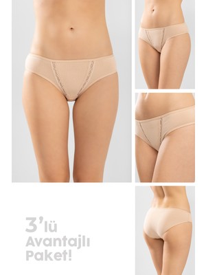 Baykar Kadın Pamuklu Zikzak İşlemeli Bikini Kesim Külot 3'lü Paket Ten Rengi
