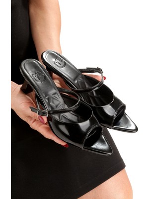 Modabuymus Siyah Rugan Burnu Açık Sivri Stiletto Terlik Ranil