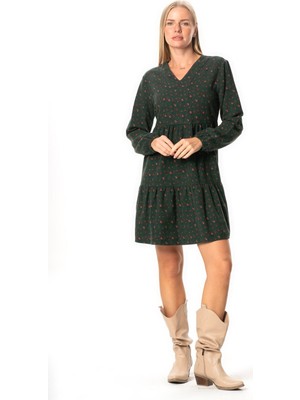 Eliş Şile Bezi Uzun Kol Alara Çiçek Desenli V Yaka Pazen Kısa Kışlık Elbise Yeşil Ysl