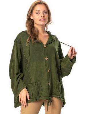 Eliş Şile Bezi Uzun Kol Ceren Fileli Düğme Detaylı Çift Cepli Kışlık Kapüşonlu Triko Bluz Haki Hk