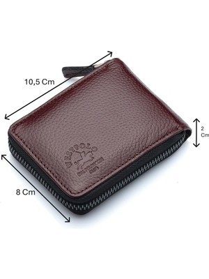 Westpolo Hakiki Deri Kağıt Para ve Bol Şeffaf Kart Bölmeli, Fermuarlı Unisex Kartlık - Kahverengi