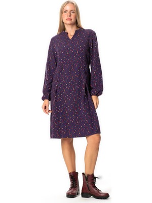 Eliş Şile Bezi Uzun Kol Fahriye Pazen Yıldız Desenli V Yaka Kısa Sonbahar ve Kışlık Elbise Mor Mor