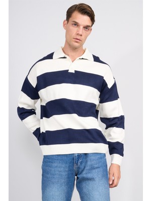 Çetinkaya Mentality 5257 Erkek Polo Yaka Çizgili 2/35 Akrilik Triko Lacivert-Krem