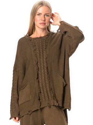 Eliş Şile Bezi Uzun Kol Aylin Örgü Detaylı Bisiklet Yaka Sonbahar ve Kışlık Triko Bluz Kahve Khv