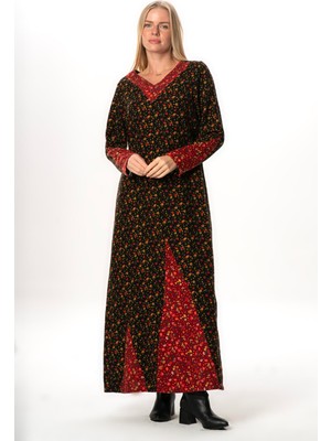 Eliş Şile Bezi Uzun Kol Maide Otantik Papatya Desen Kışlık Uzun Pazen Elbise Siyah Syh