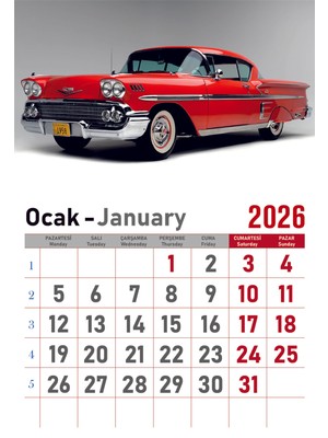 Orkide Matbaacilik Takvim - Spiralli 12 Yaprak 32X47 cm -Klasik Araba Resimli Kuşe Kağıt Duvar Takvimi - 2026