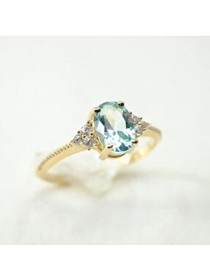 Fasek Gold Evlilik Teklifi Altın Yüzük - 14 Ayar Altın Oval Mavi Topaz Taşlı Kadın Evlilik Teklifi Yüzüğü