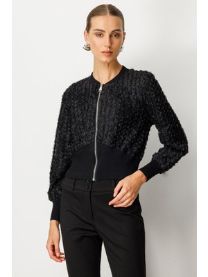 On Kadın Kabartmalı Bomber Mont 60709 Siyah