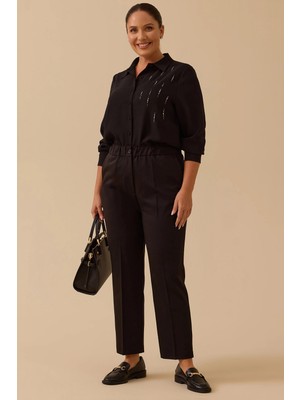 Galaxi Kadın Büyük Beden Tek Düğmeli Düz Paça Pantolon 4001 Siyah