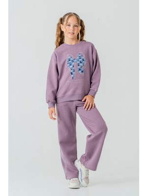 Ahengim Kız Çocuk Fiyonk Nakışlı Taşlı 3 Iplik Kalın Kışlık Eşofman Takımı AK4222