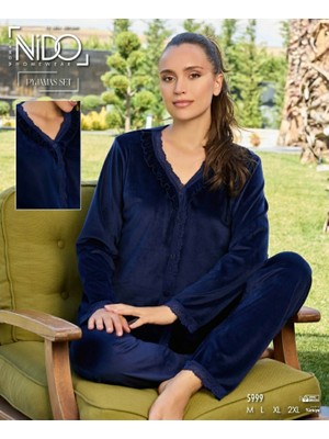 Umestyle Lacivert Yumuşak Dokulu, Şık ve Rahat Fransız Kadife Yakası Fırfırlı Düğmeli Pijama Takım