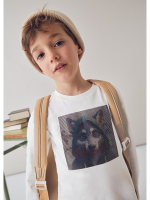 Mayoral Erkek Çocuk Uzun Kollu Tişört | %100 Pamuk, Krem Renk, Hologram Detaylı, 4-10 Yaş, Bisiklet Yaka