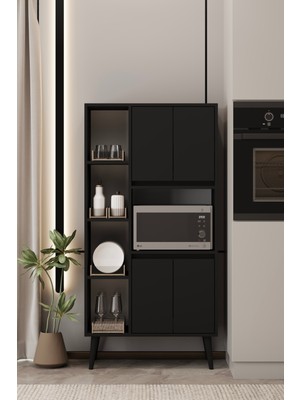 Moldesan Linea Siyah Mdf Çok Amaçlı Fırın Dolabı Raflı,kapaklı 80X32X140 cm