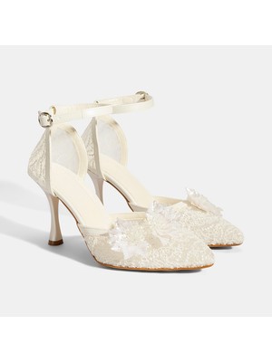 Desa Kadın Beyaz Dantel Detaylı Taşlı Topuklu Gelin Ayakkabısı