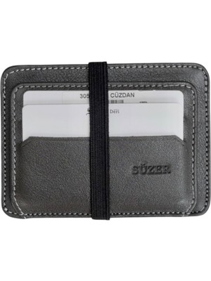 Lastikli Iki Katlı Mini Boy Ince Slim Basic Model Hakiki Deri Kredi Kartlık Gri