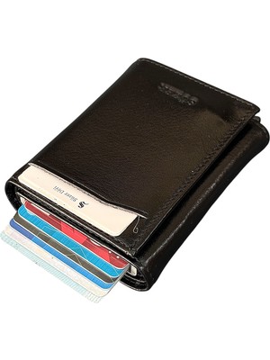 Hakiki Deri Otomatik Mekanizmalı Kredi Kartlık Siyah