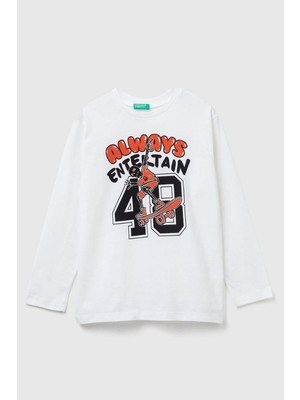 United Colors Of Benetton Erkek Çocuk 3JERC10QO-25K  Uzun Kol Tshirt Beyaz