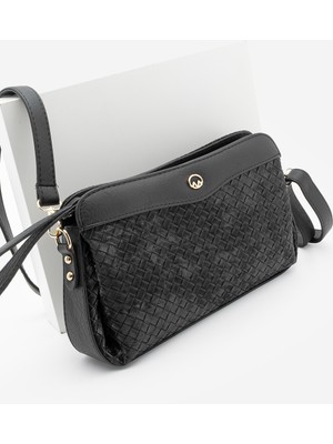 Marjin Kadın Fermuarlı İç Cepli Clutch Çapraz Askılı El ve Omuz Çantası Faris Siyah