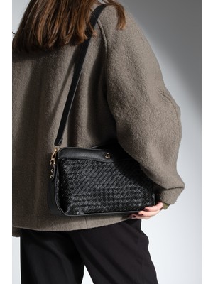 Marjin Kadın Fermuarlı İç Cepli Clutch Çapraz Askılı El ve Omuz Çantası Faris Siyah