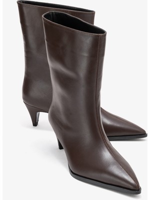 Luvi Aleo Kahverengi Cilt Hakiki Deri Sivri Burunlu Kadın Kısa Topuklu Bot