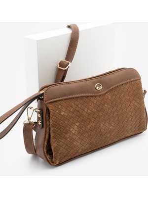 Marjin Kadın Fermuarlı İç Cepli Clutch Çapraz Askılı El ve Omuz Çantası Faris Taba