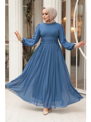 - Balon Kol Mavi Tesettür Abiye Elbise 62381M