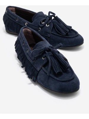Luvi Fenora Lacivert Süet Hakiki Deri Saçaklı Püsküllü Kadın Loafer Ayakkabı