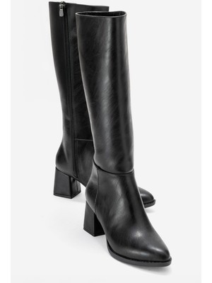 Ccway Sade Sivri Burunlu Topuklu Kadın Çizme SİYAH CİLT