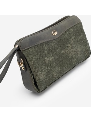 Marjin Kadın Fermuarlı Iç Cepli Clutch Çapraz Askılı El ve Omuz Çantası Faris Haki